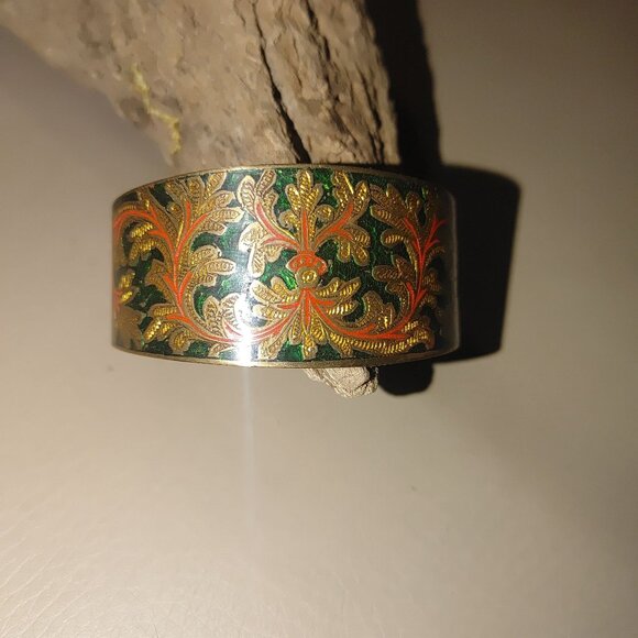 Vintage Brass Cloisonné Bangle Bracelet Ornate Green Orange Enamel Design - Picture 2 of 7